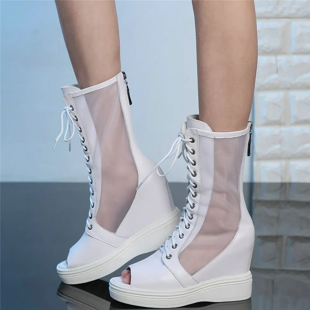 Summer Shoes Women Lace Up Genuine Leather Wedges High Heel Ankle Boots Female High Top Open Toe Platform Pumps Casual Shoes