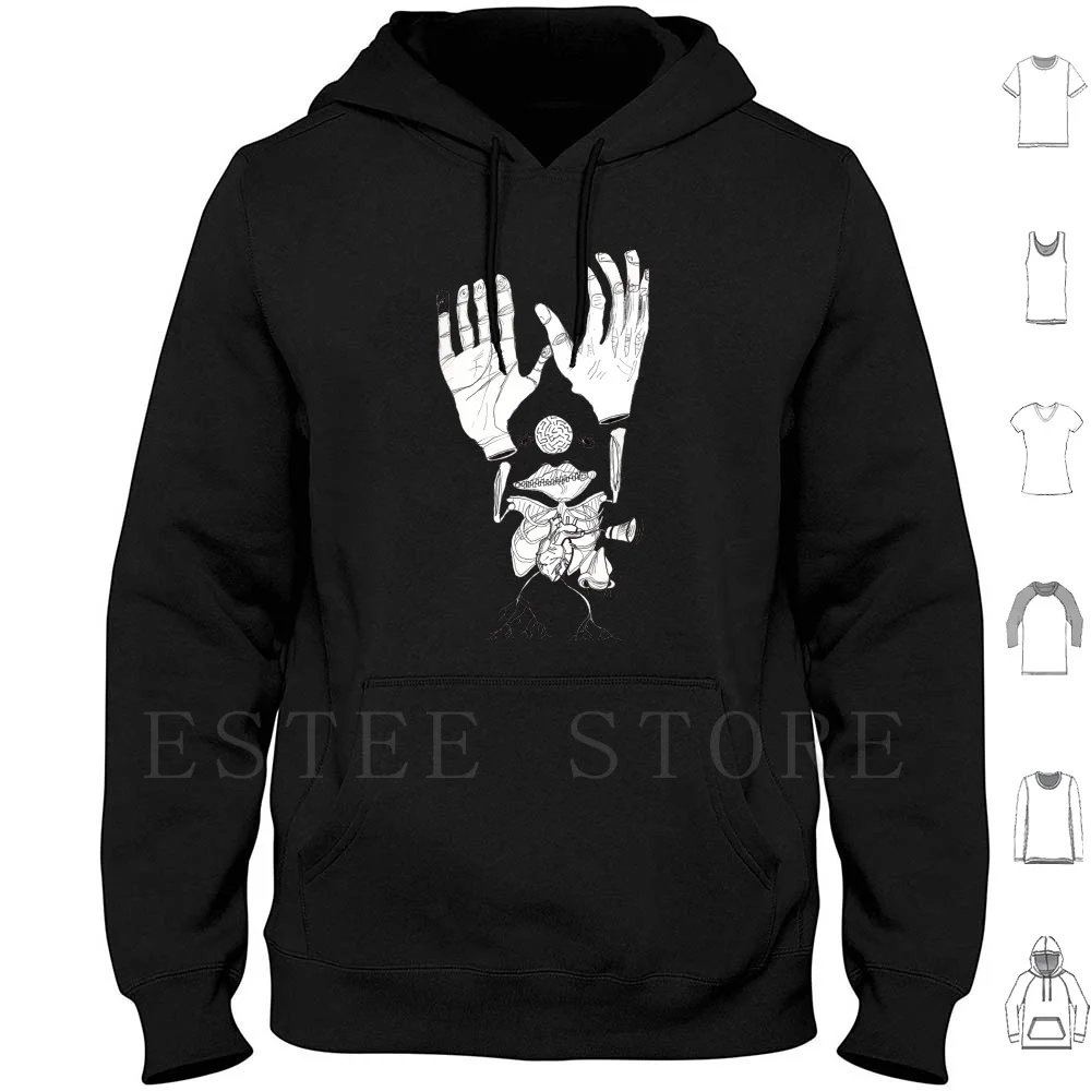 “feel And Think Before You Act” Ink Illustration Hoodie Long Sleeve Anatomy Hands Mouth Heart Nose Skeleton Brain Maze