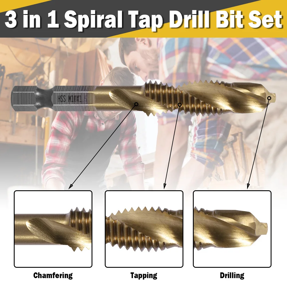 6PCS Metric Thread Tap Drill Bits m3 m4 m5 m6 m8 m10 Hex Shank Hss Wood Drilling Tapping Cutting Metal Drill Bit 5.4-5.8cm Long