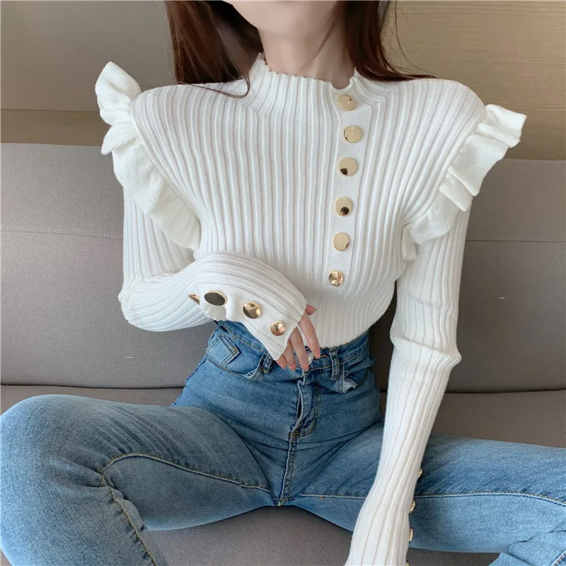 Tops Women Half-high Neck Bottoming Sweater Slimming 2020 Winter New Wood Ear Side Buttoned Knitted Shirt Sweaters Solid Color