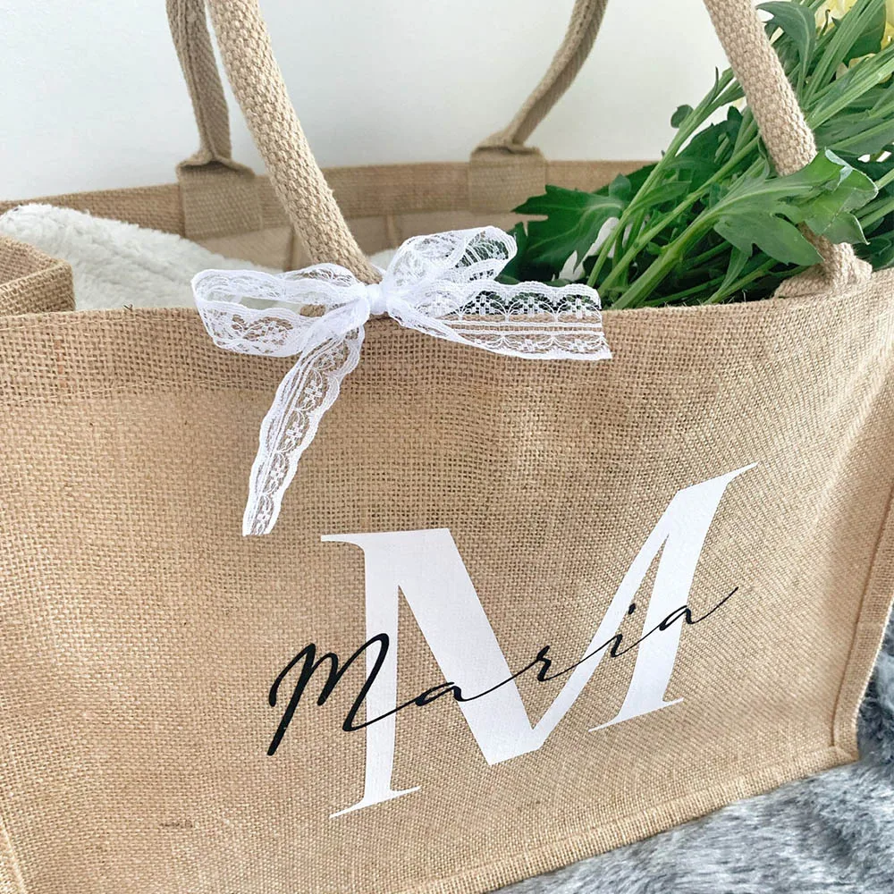 Personalized Tote Bag with Initials Gifts for Mother\'s Day Custom Name Birthday Jute Shopping Bag for Women Unique Beach Bag