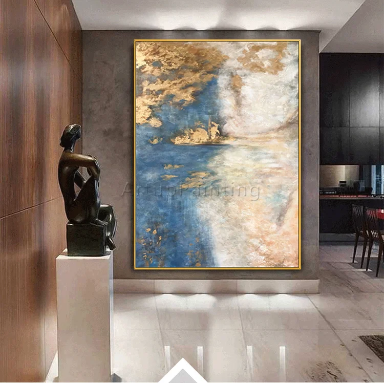 

Modern abstract grey gold blue canvas handmade oil painting acrylic white large wall art picture for living room home decoration