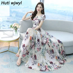 2024 Vintage White Casual Print Maxi Dress Summer Boho Chiffon Beach Vacation Long Dresses Women Bodycon Party Evening Vestidos