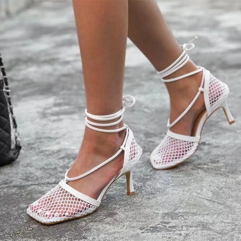 2020 Latest Designed T-Strap Breathable Fishnet Shoes Sandals Women Square toe Lace Up Sexy Sandals Heeled Dress Shoes Size 44