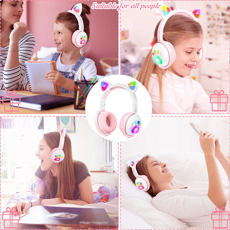 Fone de ouvido sem fio com orelha de gato bluetooth-compatível 5.0 fone de ouvido com microfone led fone de ouvido para crianças/crianças/meninas presente