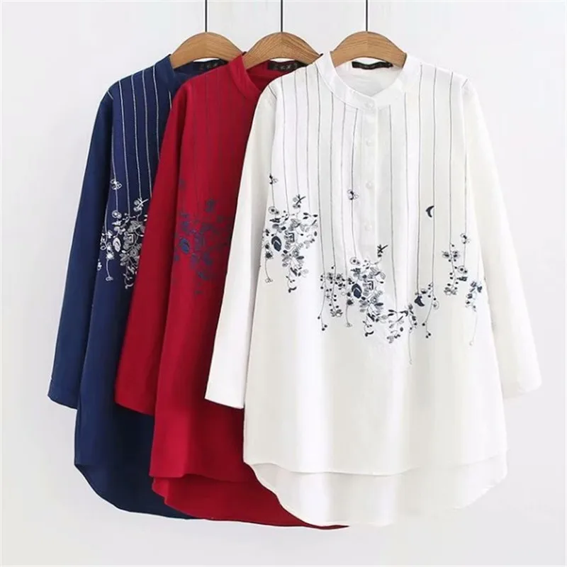 New Women's Blouses Long Sleeve Stand Collars Casual Loose Large Size 2021 New Cotton And Linen Women's Blouses