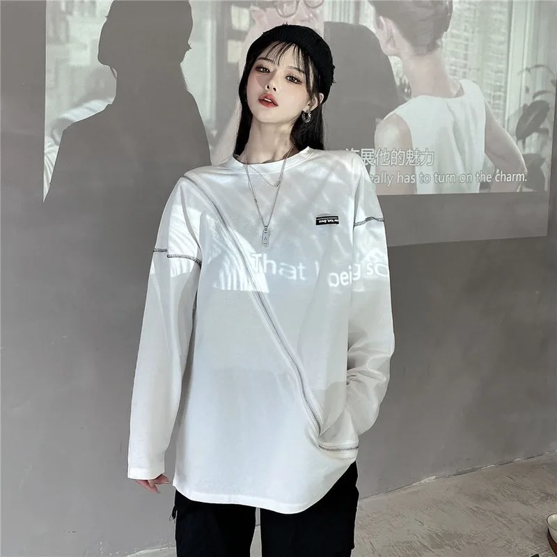 Women T-shirt O-neck Long Sleeve Sexy Strapless Asymmetrical Zipper Slit Patchwork Hip Hop Fashion Harajuku Loose Streetwear Tee