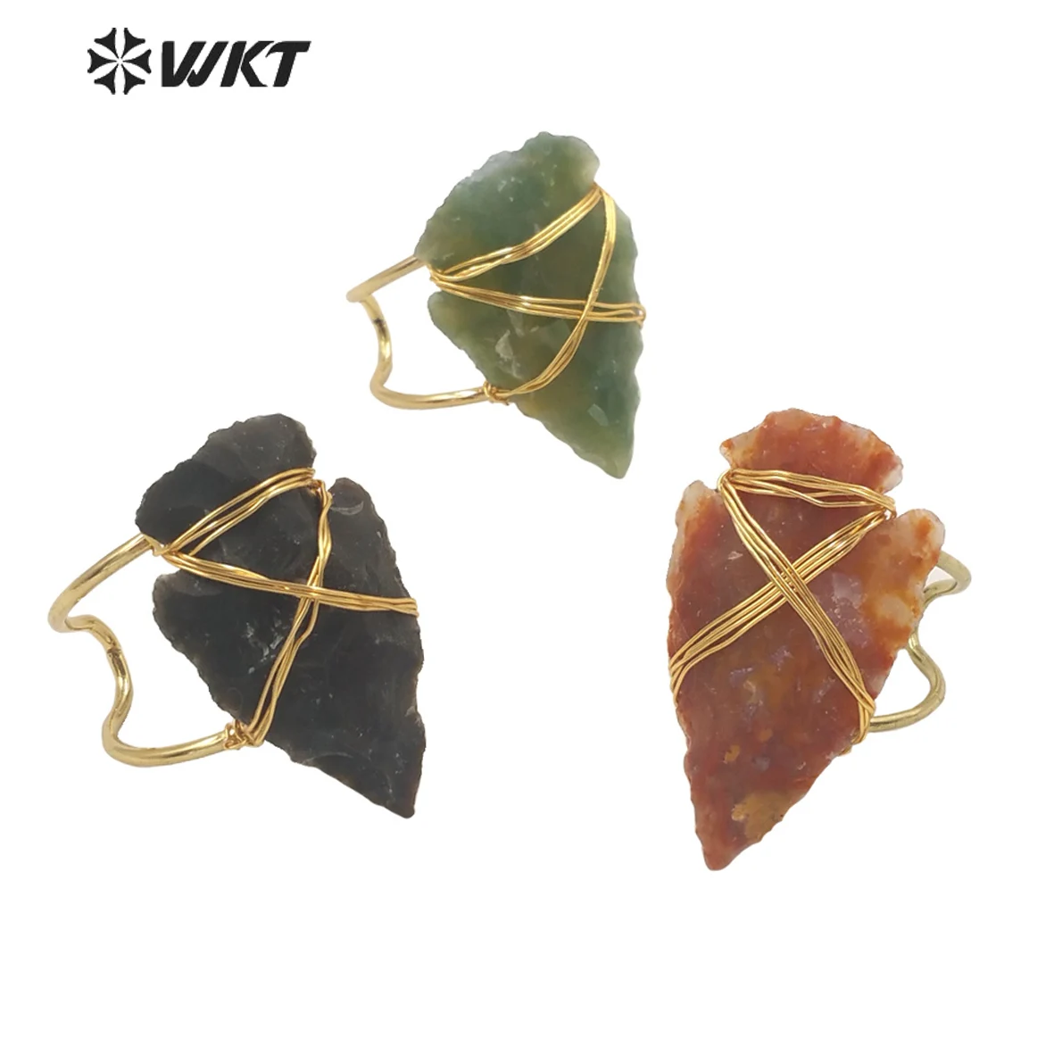 

WT-R391 WKT Original Natural Gemstones Colorful Arrowhead shape Gold Wire Winding Indian Agates Ring Female Jewelry Rings