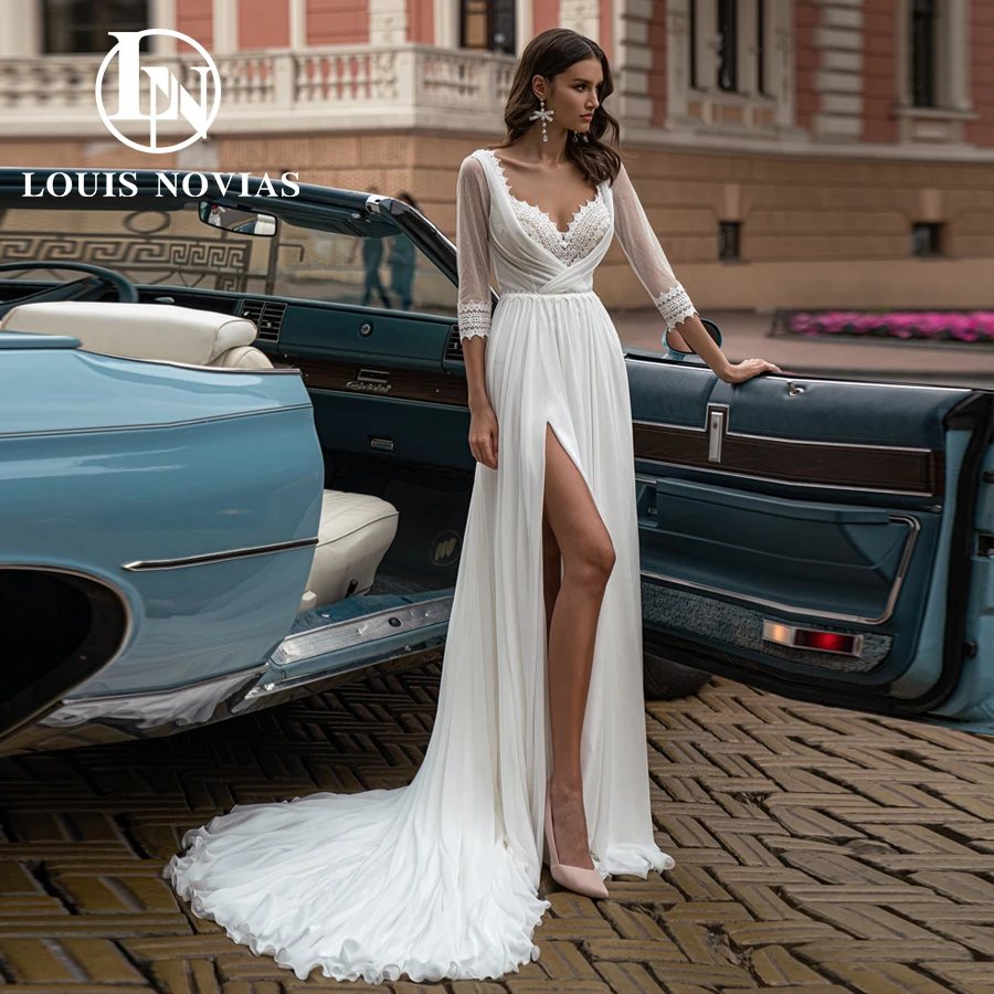 Louis novias Boho ชุดแต่งงานสำหรับผู้หญิง, ชุดเจ้าสาวผ้าชีฟอง2024ลูกไม้ชายหาดเปิดหลังหวานใจ vestidos de nova