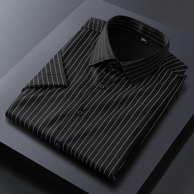 

Деловые повседневные летние мужские рубашки в полоску с короткими рукавами 2025 года, верхняя одежда, облегающие футболки, поло, офисные топы, футболки, одежда