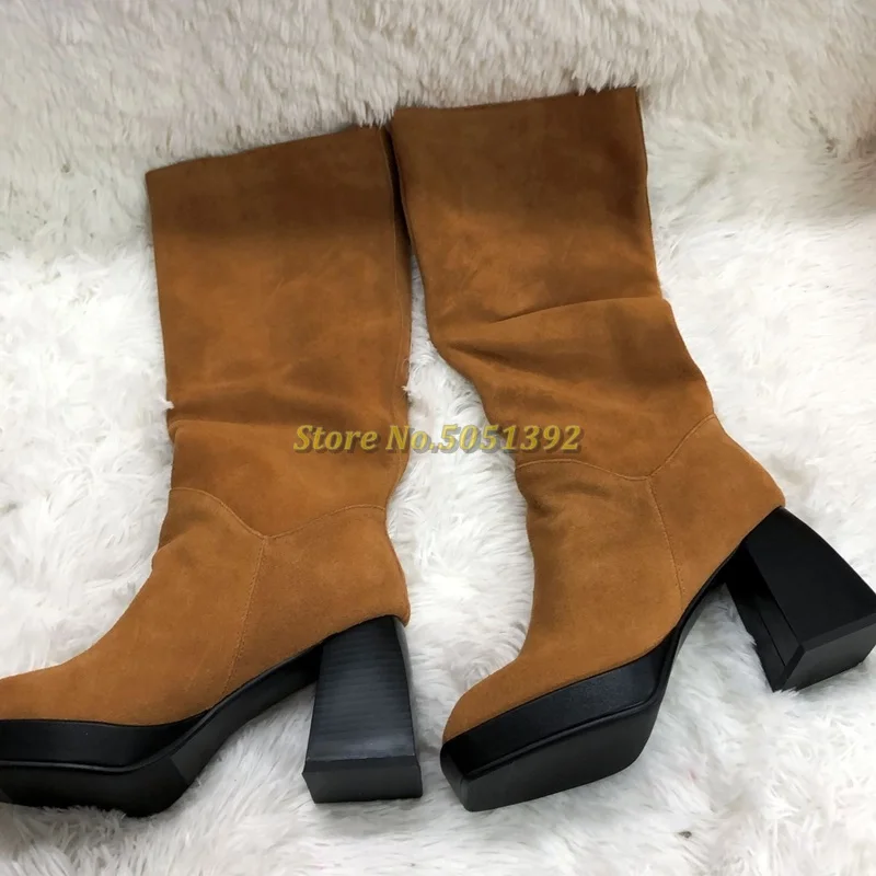 

Suede Block Heel Knee High Boots Square Toe Slip On Solid Brown Black Dress Women Shoes Platform New Arrivals Real Picture Shoes