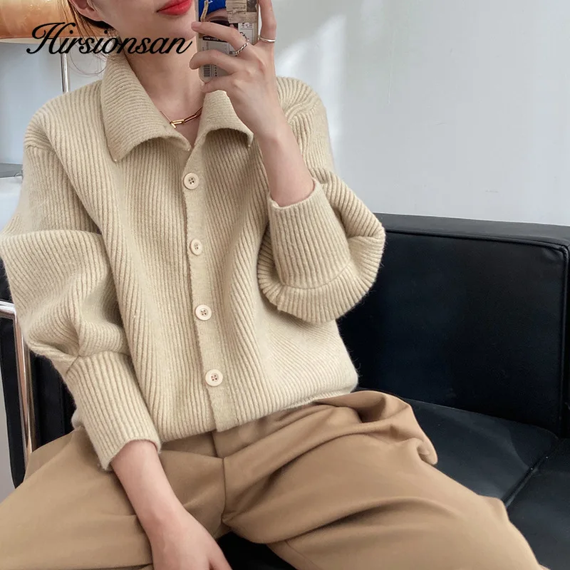 Hirsionsan Turtle Neck  Autumn Winter Cardigan Sweaters Women Cashmere Single-breasted Soft Loose Solid Female Knited Jumper