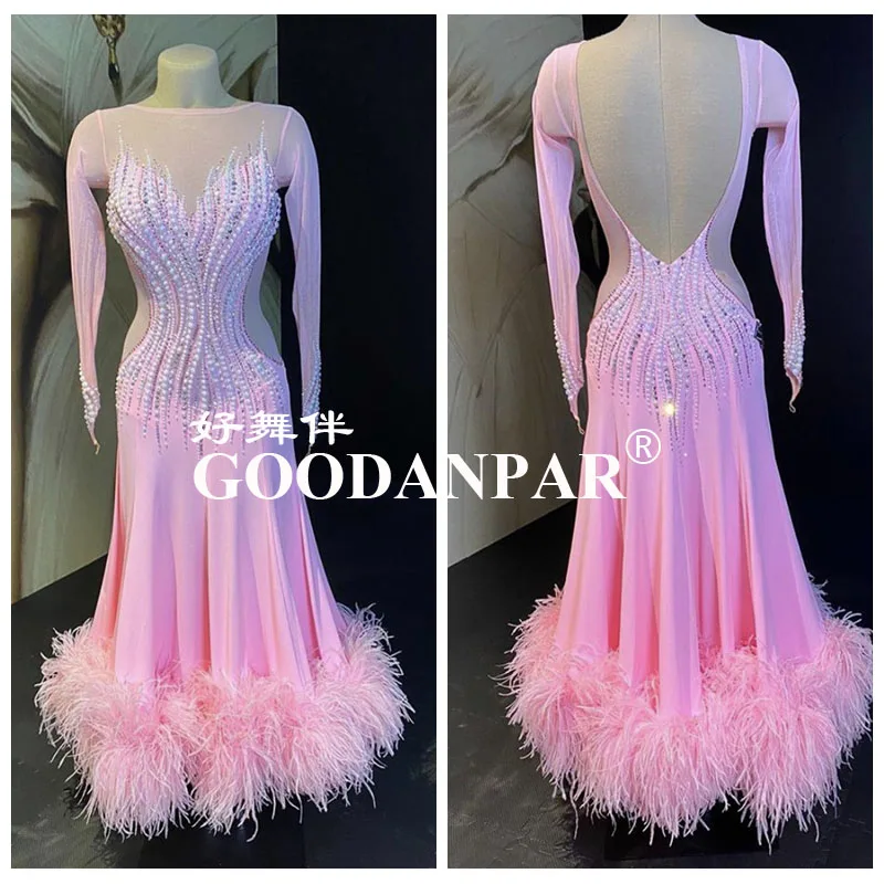 GOODANPA Ballroom Dance Competition Dresses Women Performance  Pink  Sexy Long Sleeve Ostrich Feather Pink Big Open Back