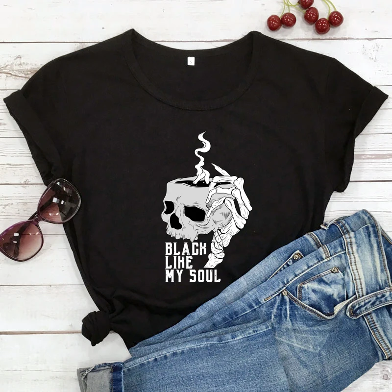 

Colored black like my soul T-shirt Gothic Women Short Sleeve Graphic coffee Top Tee Shirt