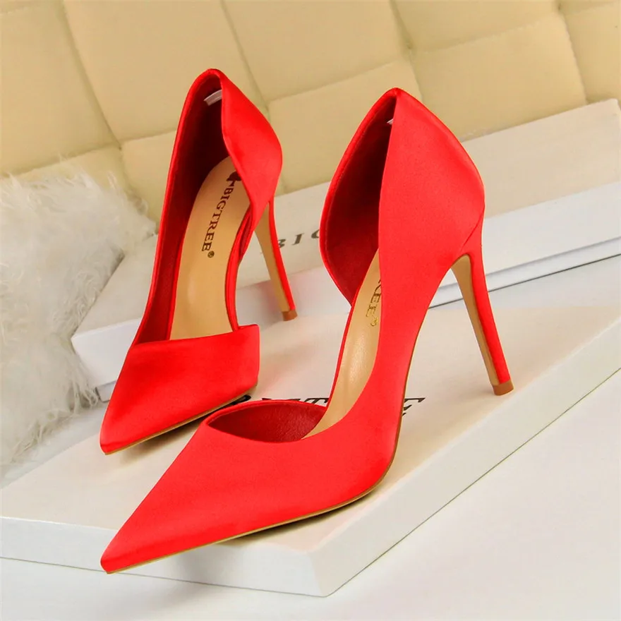 Concise Woman Shoes Autumn Sexy Side Hollow Silk High Heels Women Pumps Black Pink Red Shoes Ladies Office Party Shoe Pointy Toe