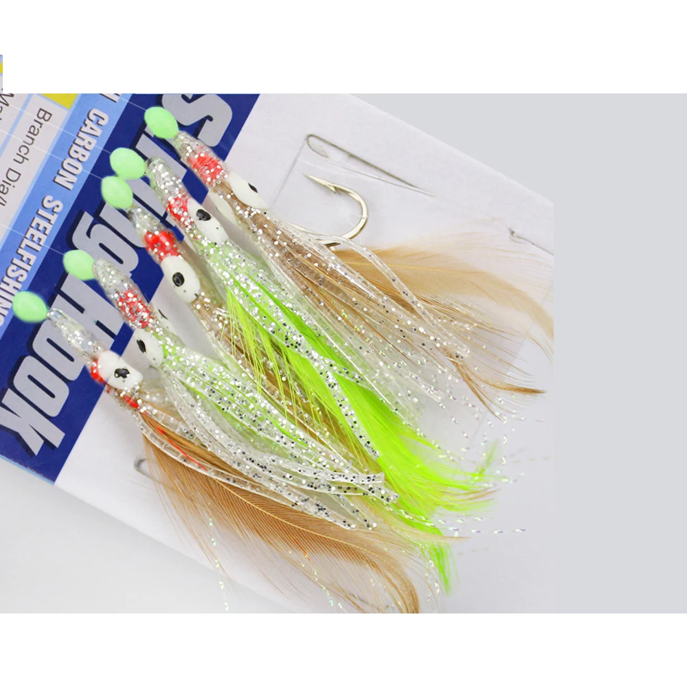 Sabiki Angelsets Köder Weiche Oktopus-Köder Leuchtende Glühperlen Feder Fischhaut Schnur-Haken Salzwasser-Angeln 1/3 Pack 1/0 # – Detail 3