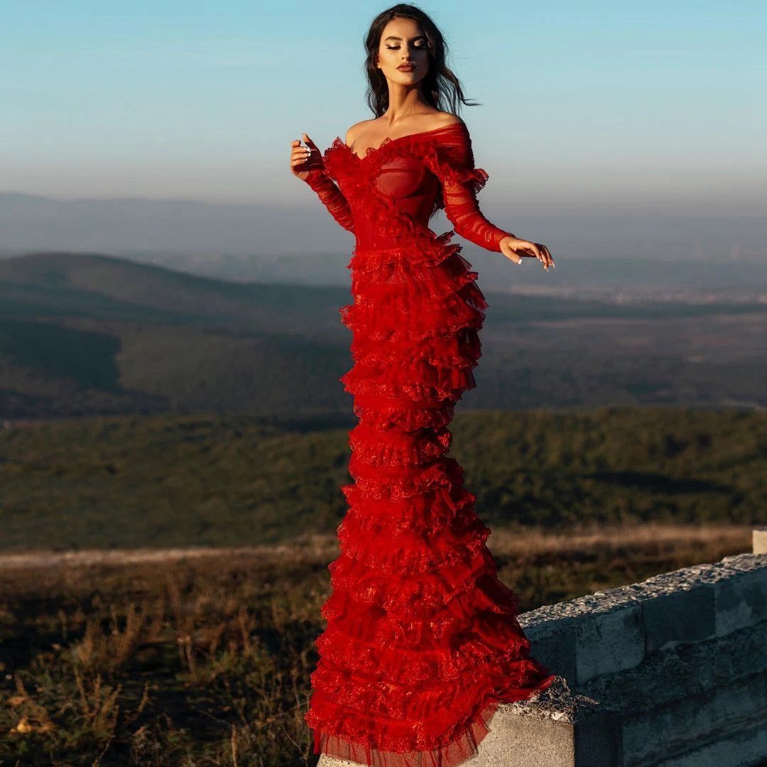 Vestidos Elegantes de sirena para graduación, manga larga, volantes escalonados, encaje y tul