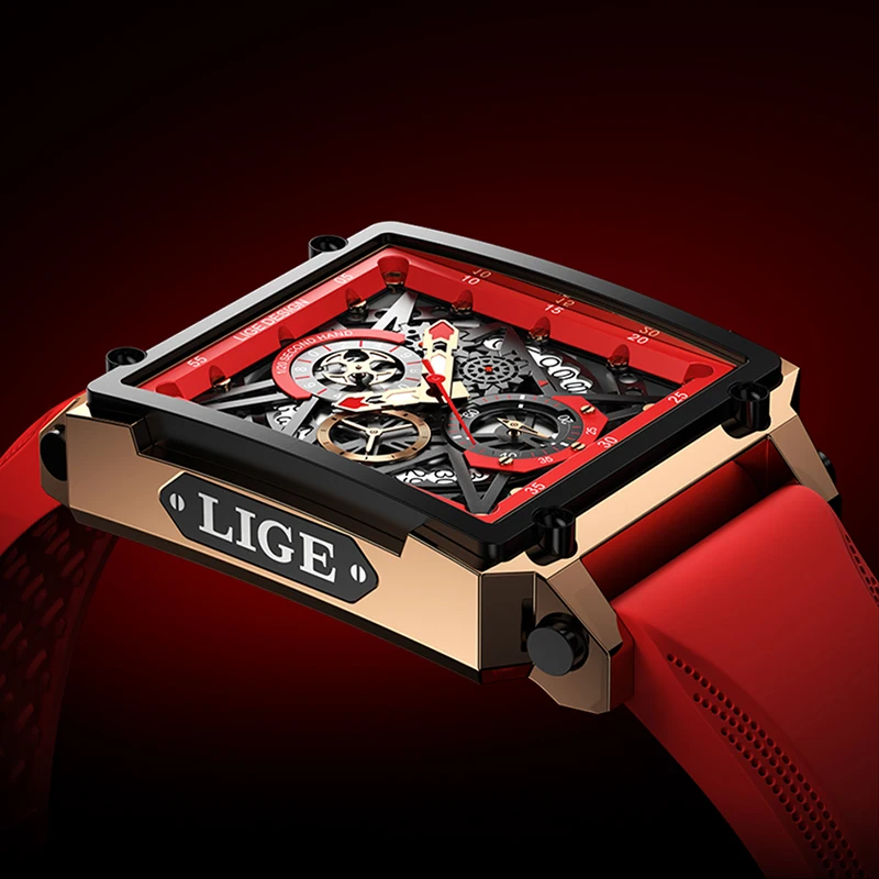 

LIGE 2021 New Men Watches Top Brand Luxury Waterproof Quartz Square Watch For Men Date Sport Hollow Clock Male reloj hombre+Box