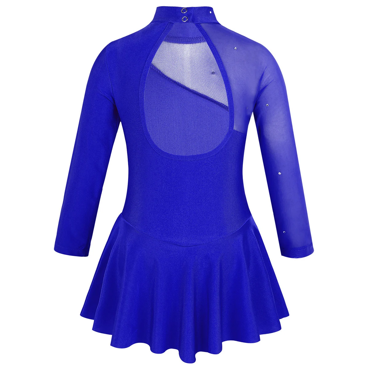 Kids Girls Long Sleeve Figure Ice Skating Dress Sheer Mesh Rhinestones Ballet Dance Leotard Tulle Hollow Roller Skating Dresses