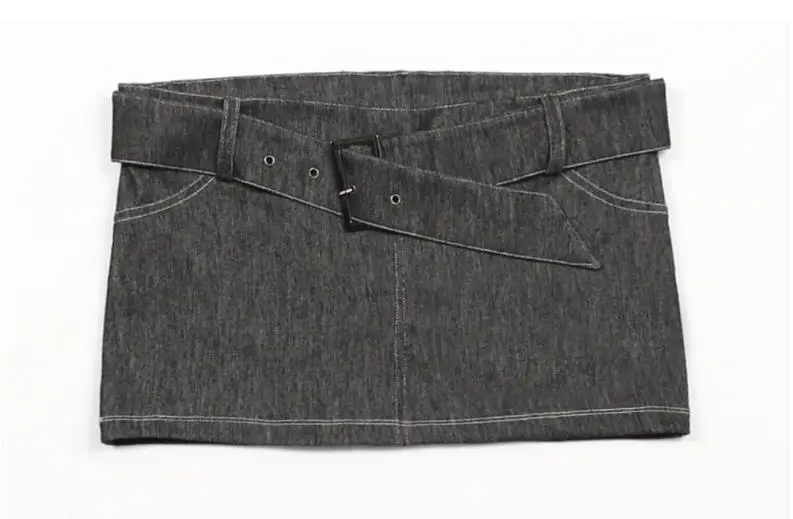 Rok Mini Seksi Wanita dengan Sabuk Denim Hitam yang Dapat Disesuaikan, Bergaya untuk Klub Malam