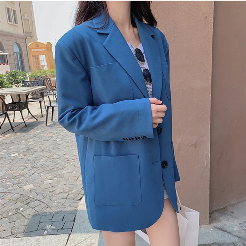 Seoulish New 2021 Spring Blue Single Breasted Women's Blazers Female Formal Jackets Elegant Loose Outerwear Pockets Chic Tops