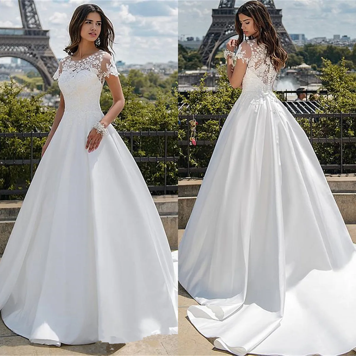 Elegante Brautkleider neue Mode A-Linie Kurzarm Satin Spitze lange formelle Brautkleider c45o