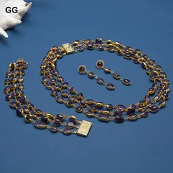 G-G 3 Strands Natural Amethyst Freeform With Electroplated Edge Necklace Earrings Bracelet Sets Handmade For Women
