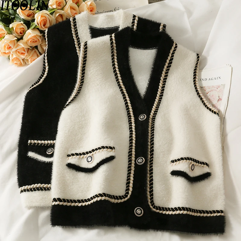 ITOOLIN Women Sweater Vest For Autumn And Winter 2021 New Color Matching All-match Loose Elegant England Short Jacket Women Vest