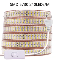 スイッチ付きledストリップライト,220v,smd 5730 2835 5050,フレキシブル,180/240ダイオード/m,防水,屋外,euプラグ