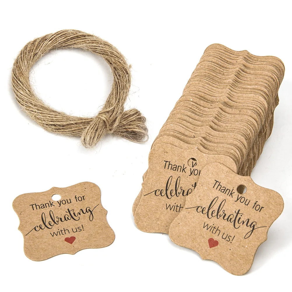 100 Stück Kraftpapier-Geschenkanhänger „Danke, dass Sie mit uns feiern“-Etiketten, handgefertigt, für Hochzeit, Party, Dekoration, Verpackung, Hängepapier – Detail 14