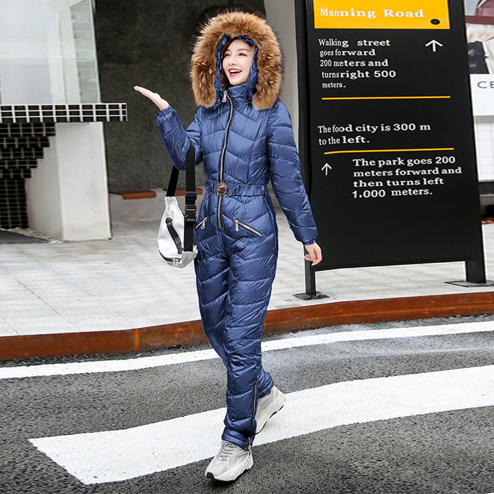 2021 Winter New One Piece Ski Suit Women Solid Color Down-cotton Glossy Set Hooded Outdoor Suitable Cold Weather -20 ℃ Warm Set