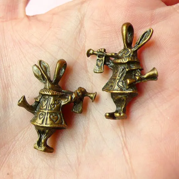 4pcs 3D Wonderland / Bunny Rabbit Charms (28mm x 22mm / Tibetan Silver / 2 Sided) Pendant Bracelet Zipper Pulls Keychain