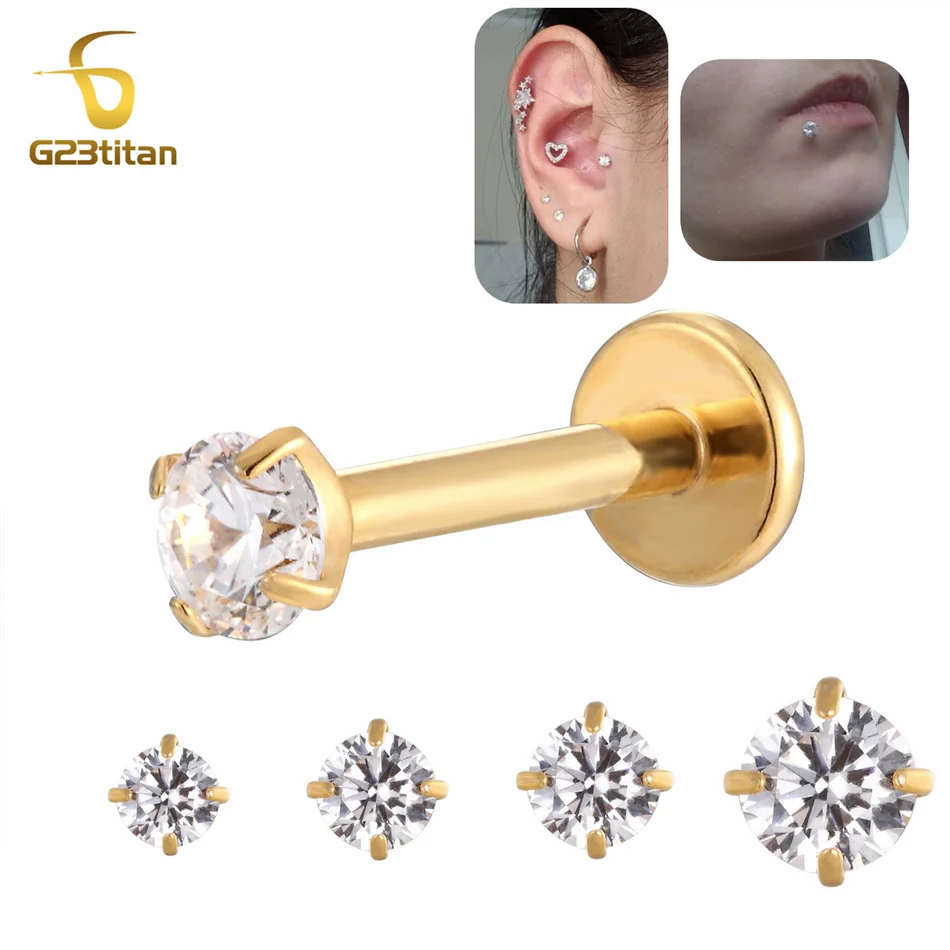 2-4mm Zircon Cartilage Tragus Helix Lobe Earring 16G Titanium Ear Stud Lip Piercing Ring Internally Threaded Labret Goth Jewelry