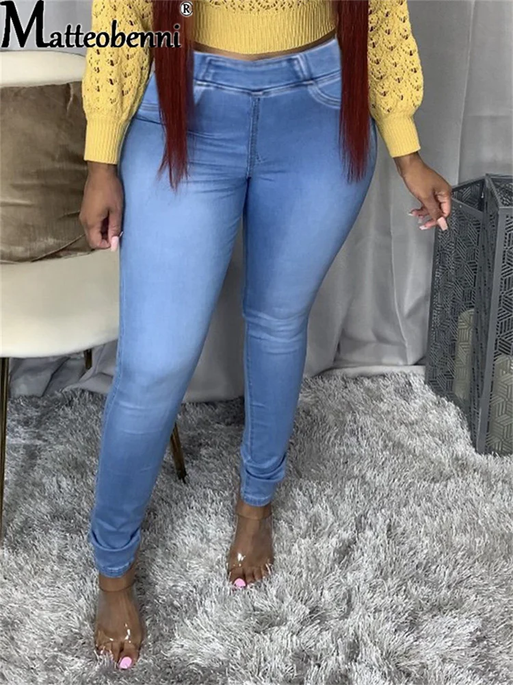 

Женские джинсы с высокой талией, облегающие джинсовые брюки-карандаш в стиле ретро голубого цвета, 2021