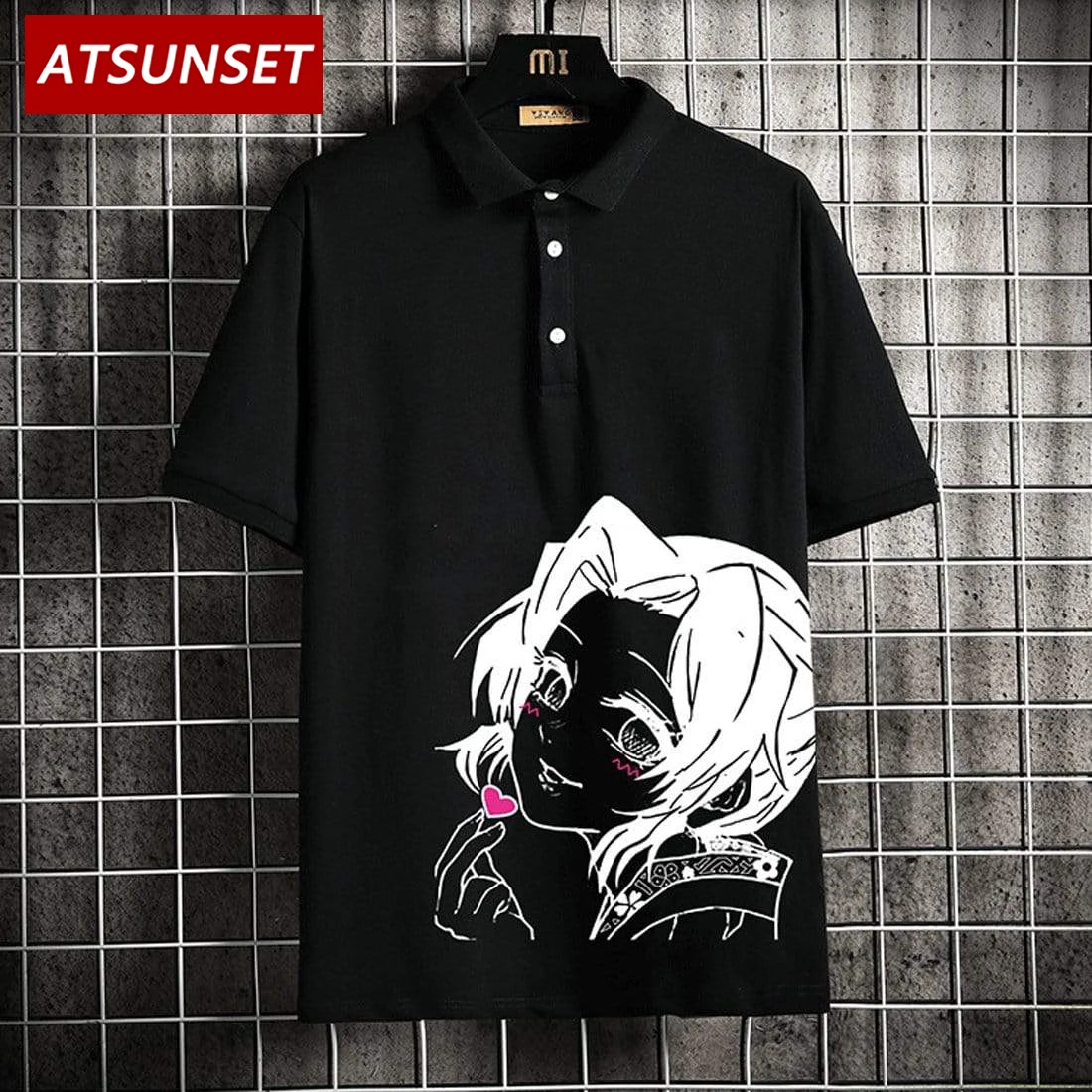 ATSUNSET Anime Girl Demon Slayer Kochou Shinobu Polo T-Shirt Hip Hop Streetwear Vintage Style Harajuku T-Shirt  Pullover Tees