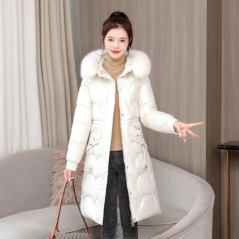 2024 Winter Jacket Women Korean Version New Big Fur Collar Cotton Coat Bright Face Hooded Long Warm Down Cotton Jackets