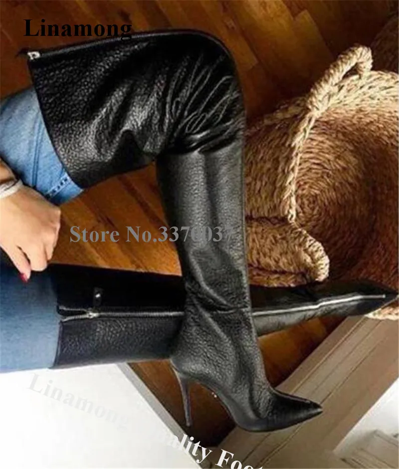 

Linamong Women Elegant Pointed Toe Stiletto Heel Over Knee Boots Front Zipper-up Pattern Leather Long High Heel Boots