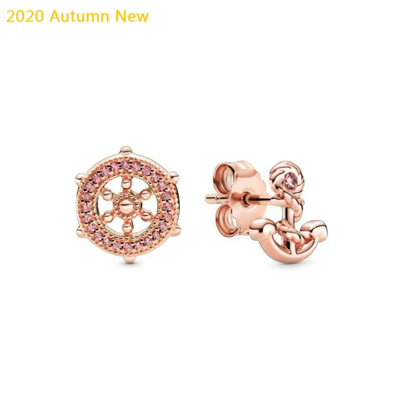 2020 Autumn New 925 Sterling Silver Pave Earrings Rose Gold Rudder And Anchor Stud Earrings Women Birthday Gift Fashion Jewelry