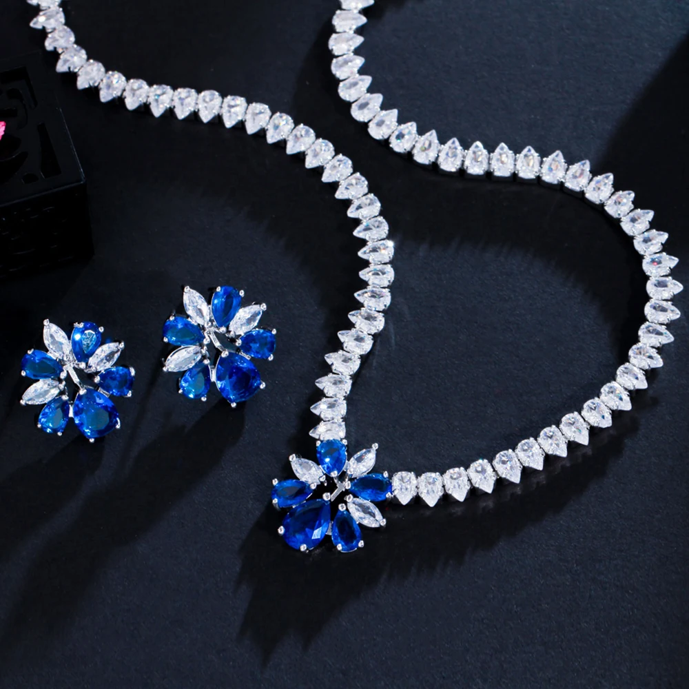 BeaQuee Trendy Chic Blue Flower Cubic Zircon Crystal Earrings and Necklace Jewelry Set for Women Wedding Party Accessories JS296