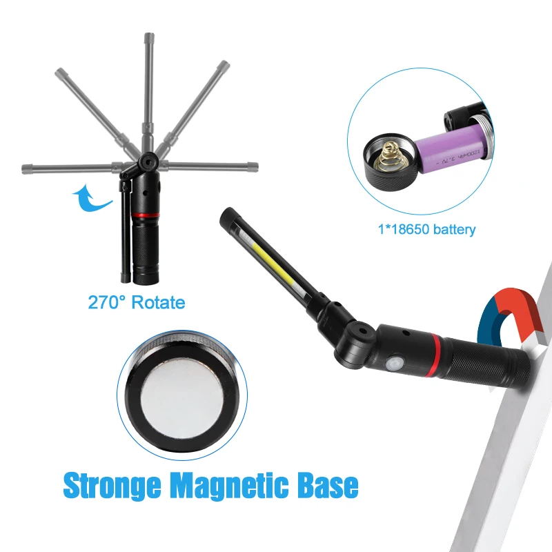 LED Rechargeable Work Light Foldable LED Work Lamps With Magnetic Base 270°Rotate Waterproof 4 Modes COB Flashlight For Outdoor