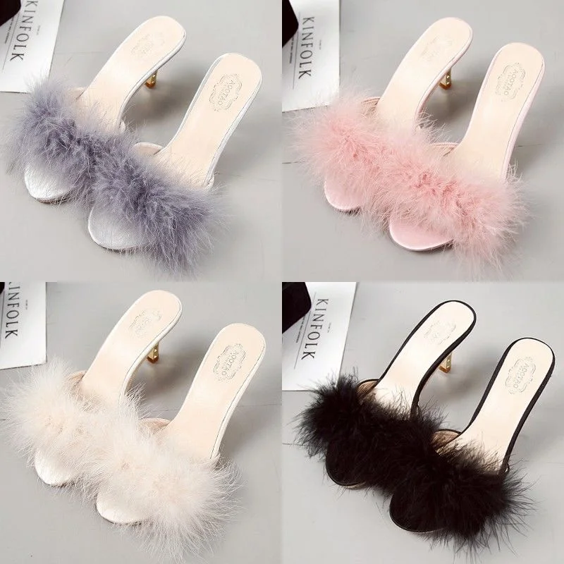 2021 New Korean Thick Half Drag Women's Wear Resistant Mid Heels Lady Pointed Toe Fashion Plush Heel Shoes Sandals Slipper Mujer