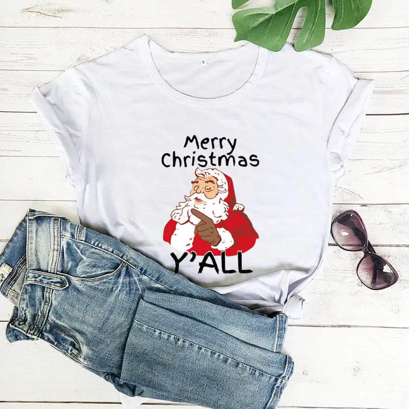 

Merry Christmas Cute Santa Claus Graphic Printed T-shirt Vintage Holiday Winter shirt Funny Casual 100%Cotton Tops