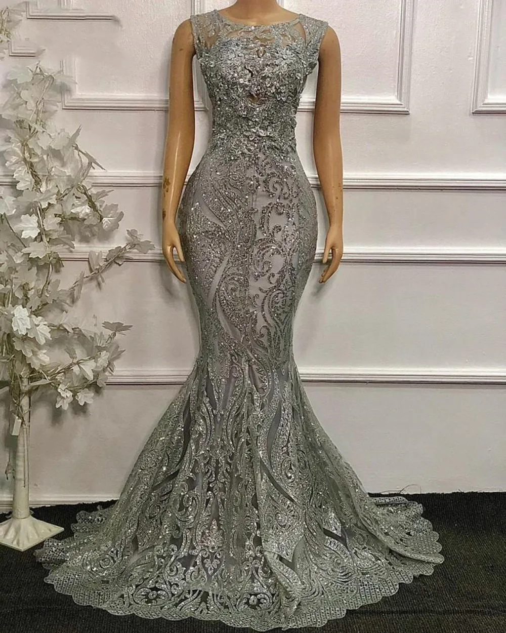 2022 Silver Mermaid ชุดออกงานกลางคืนเงาเลื่อมลูกไม้ Applique ดูไบพรหมชุด Boda Robe De Soirée Mariage