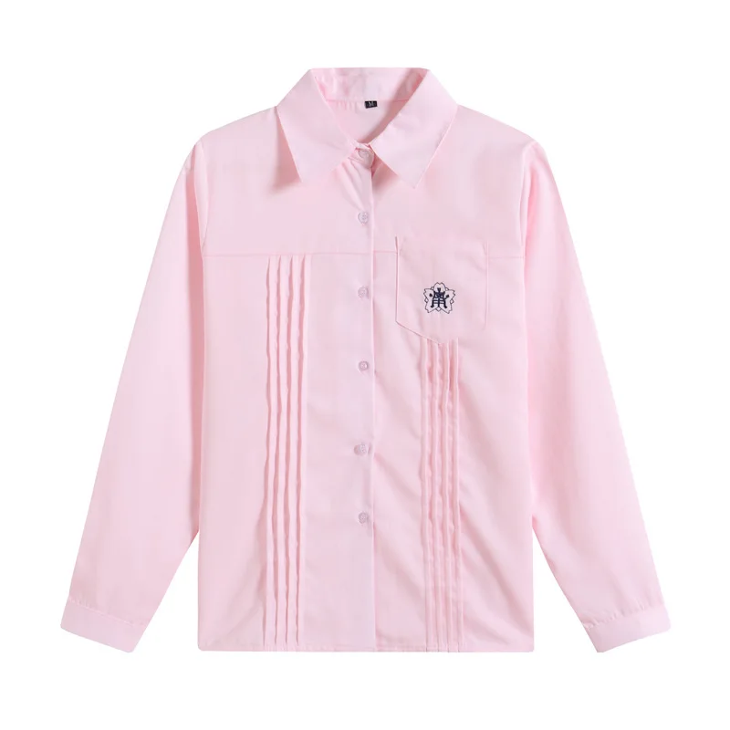 Women JK Uniform Shirt Preppy Style Pink White Summer 2021 New Long Sleeve Embroidered Loose Casual Tops School Girl Outfit XXL