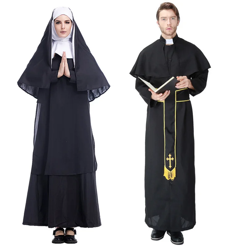 Adult Man Women Religious Pious Priest Nun Sisters Costume Halloween Christian Missionary Cosplay Fancy Dress