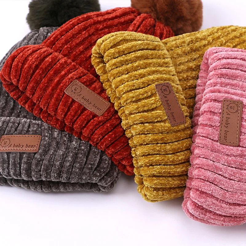 Kids Winter Pompom Beanie Hoeden Sjaal Handschoenen Set Gebreide Warme Dikke Corchet Chenille Beanie en Sjaal Wanten Voor Jongens en meisjes