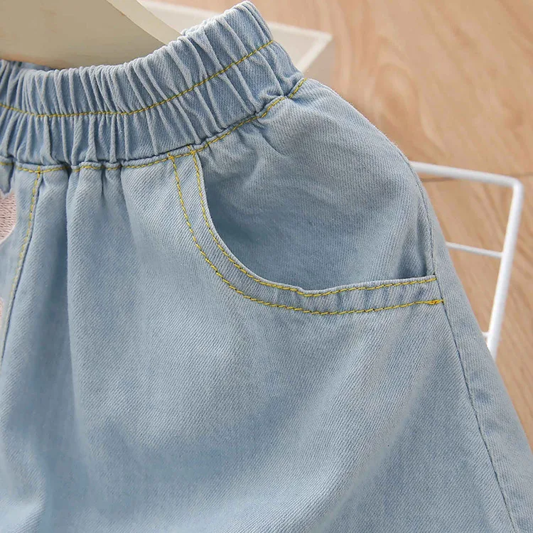 2024 Autumn Spring 2 3 4 6 8 9 10 12 Years Cotton School Embroidery Lovely Cotton With Pocket Baby Kids Girls Denim Skirt