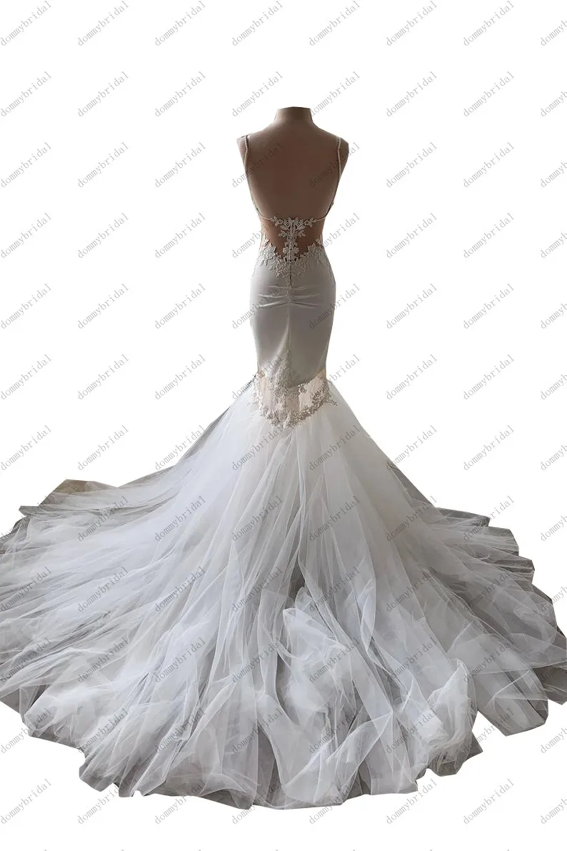 2023 abiti da sposa Sexy a sirena senza schienale abito da sposa con scollo a V con spalline di perle staccabili in Tulle di pizzo Applique a buon mercato