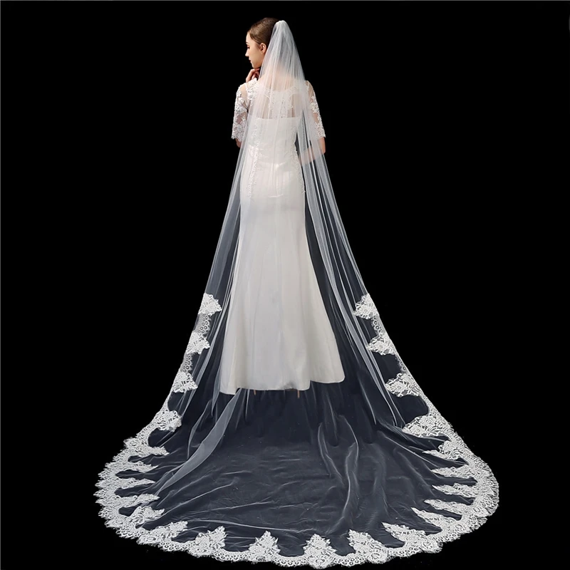 New Arrival 3 Meter White Ivory Wedding Veil Lace Appliques Bridal Veils Casamento Welon matrimonio Cheap bride accessories