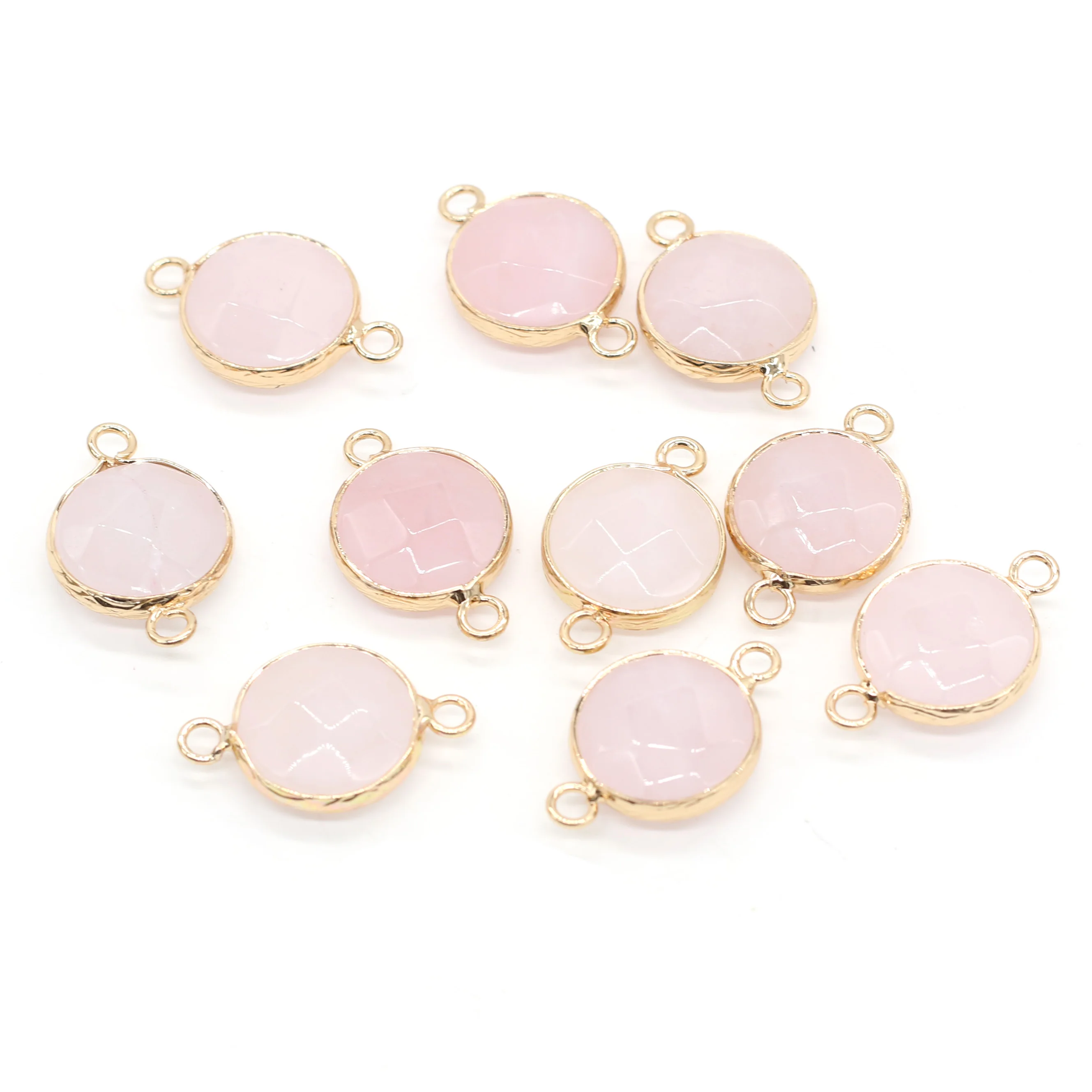 Natural Stone Pendants Round Gold plate Pink Quartzs Crystal Connectors for Jewelry Making Necklace Bracelet Accessories